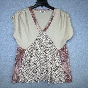 Gimmicks Boho Blouse‎ Women's M Beige Pink V-Neck Patchwork Short Sleeve Top
